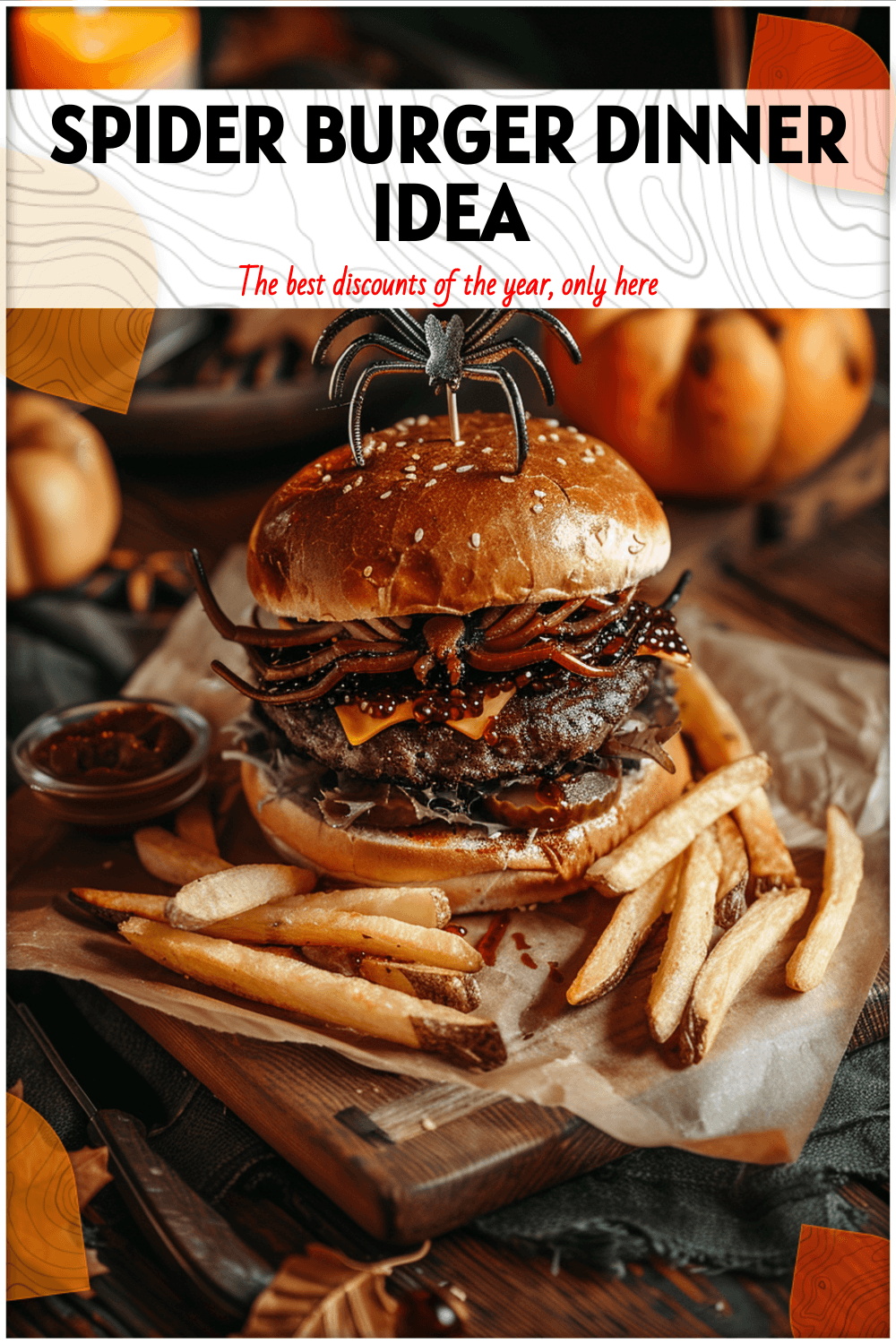 A spider burger with fries on a cutting board surrounded by Halloween decorations and fake eggs. 2